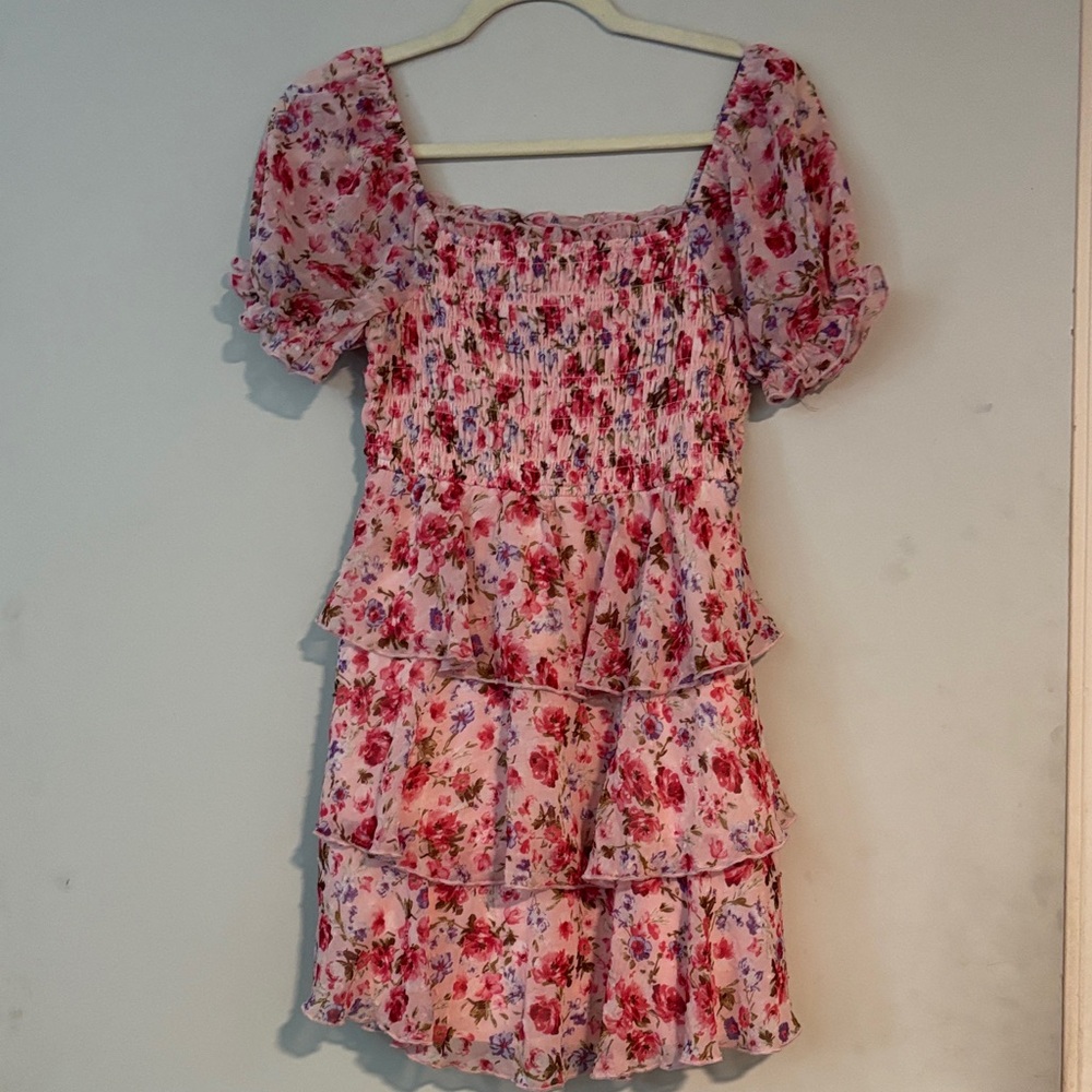 Floral Smocked Tiered Midi Dress - Pink